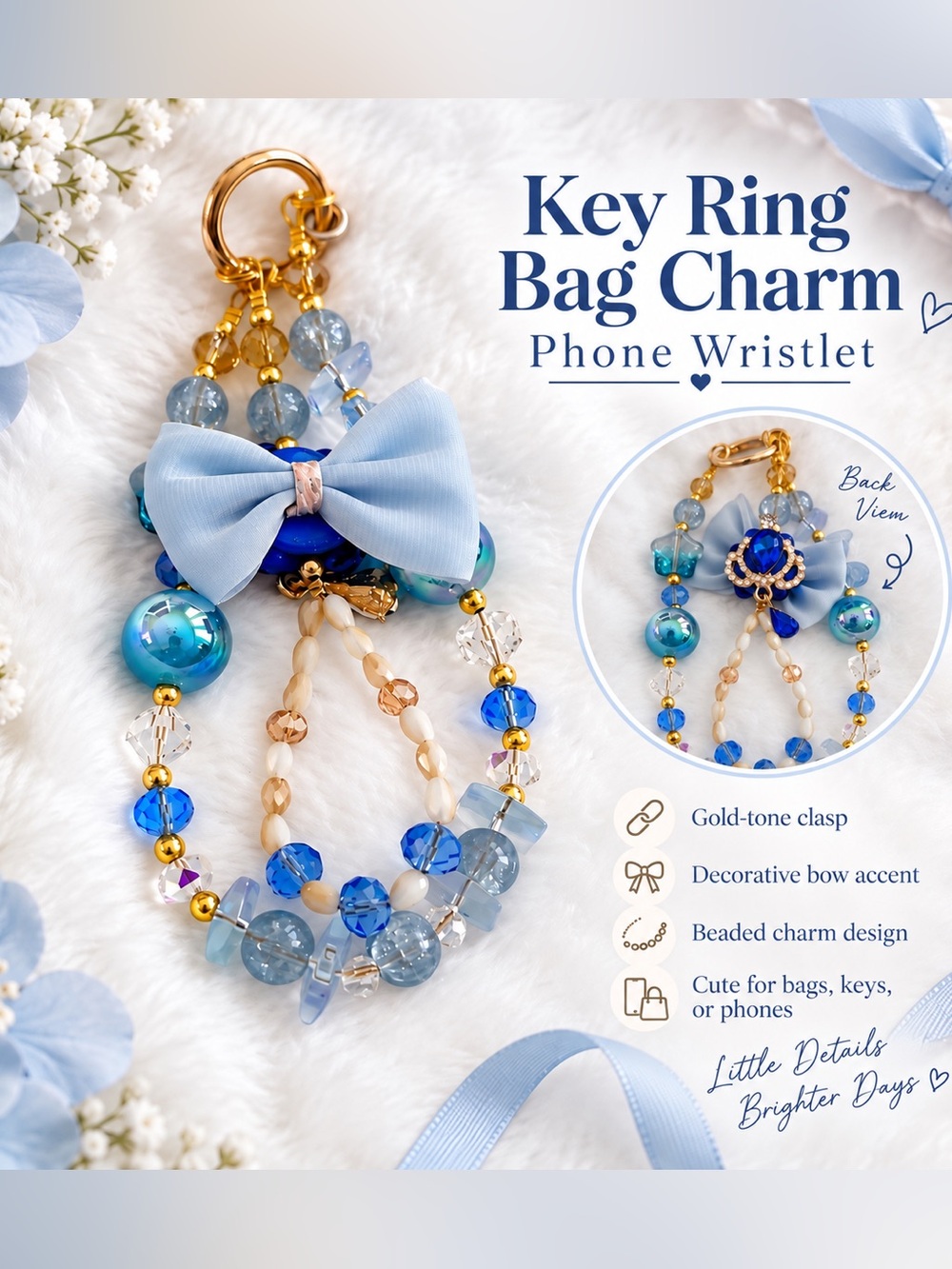 Blue Beaded Key Ring Bag Charm/phone wristlet with Decorative Bow and stones New